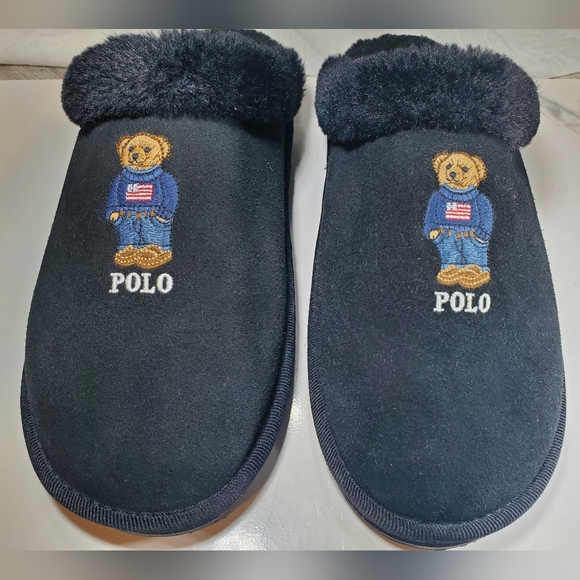 POLO Ralph Lauren Womens Black  Suede Leather American Flag Bear Slippers SZ 9.5 - Picture 8 of 11